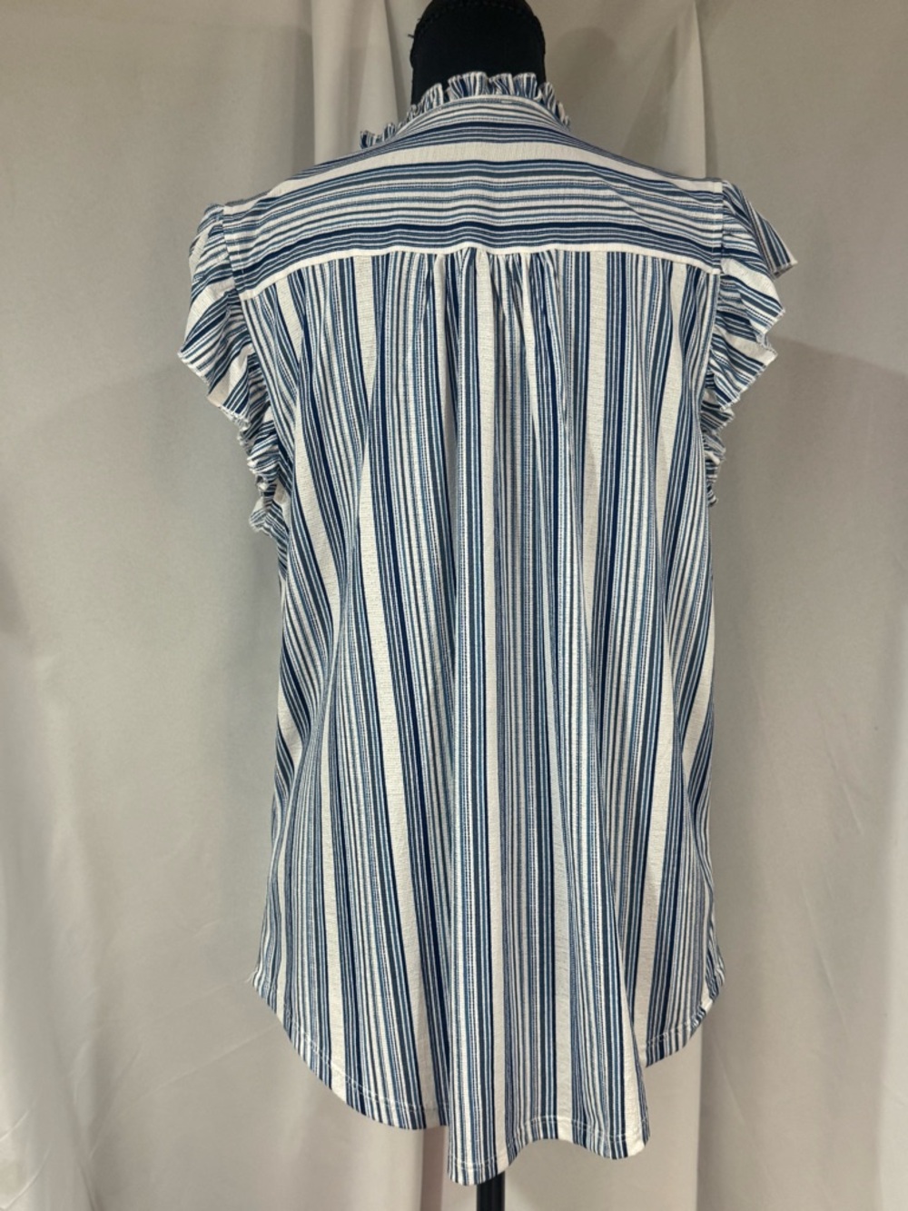 Striped Blue and White Ruffle Sleeve Blouse - Picture 2 of 6
